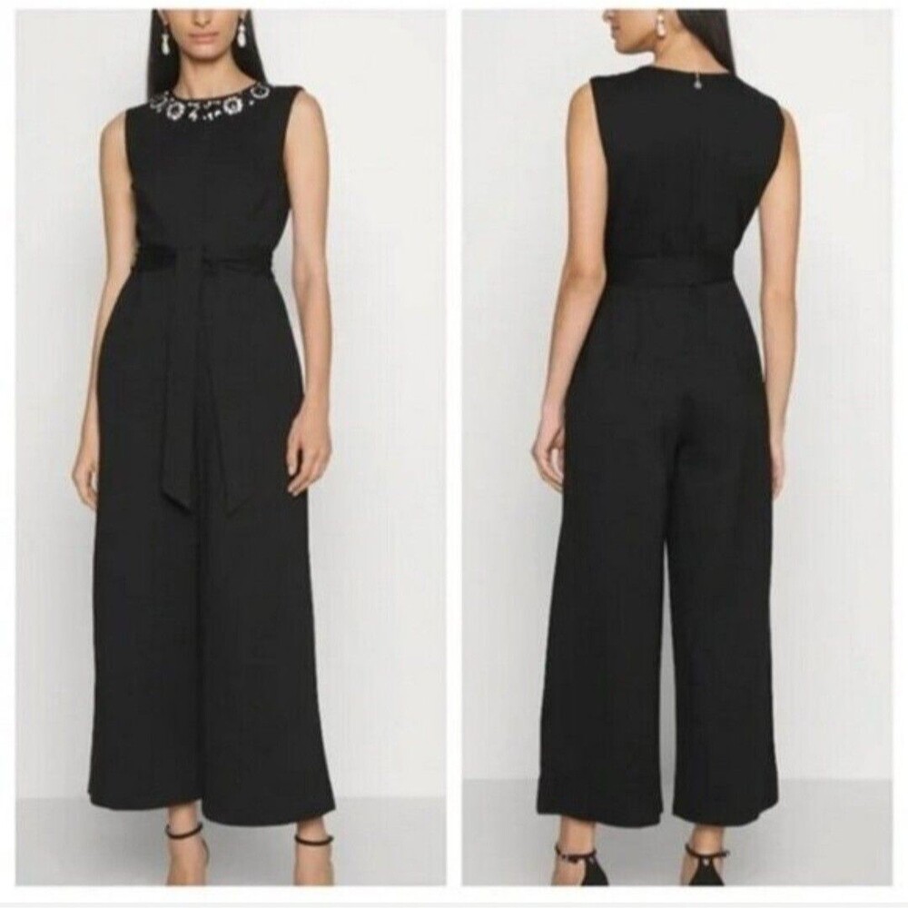 Kate Spade Embellished Ponte Jumpsuit Black Wide Leg Belted L NWOT Quiet Luxury